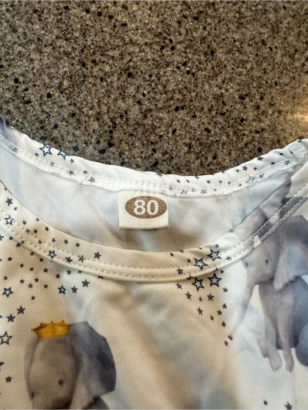 White Baby Romper with Gray Elephant Print